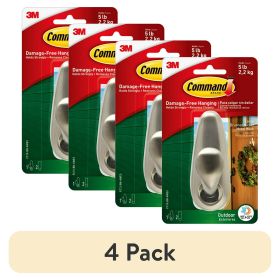 (4 Pack) Command Outdoor Hook, Large, Brushed Nickel – Weather-Resistant Wall Hooks with Adhesive Strips, Holds up to 5 lbs