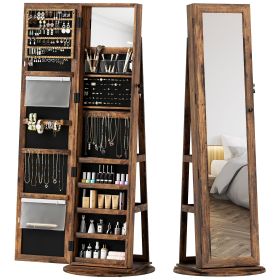 HOMCOM 360° Swivel Jewelry Armoire, Lockable Jewelry Cabinet with Full-Length Mirror, Storage Shelves, Rustic Brown
