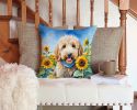 Goldendoodle in Sunflowers Throw Pillow Machine Washable, Indoor Outdoor Decorative Pillow for Couch, Bed or Patio, 14Hx14W