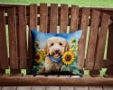 Goldendoodle in Sunflowers Throw Pillow Machine Washable, Indoor Outdoor Decorative Pillow for Couch, Bed or Patio, 14Hx14W