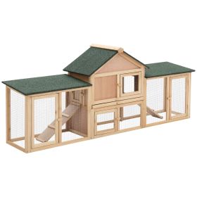 83 Wooden Rabbit Hutch Large Bunny House Double Run Removable Tray Waterproof Roof Outdoor Natural (Color: Green)