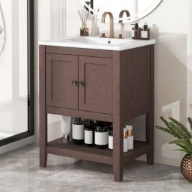 24 White Modern Sleek Bathroom Vanity Elegant Ceramic Sink With Solid Wood Frame Open Style Shelf (Color: Brown)