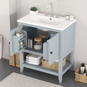 30 Modern Sleek Bathroom Vanity Elegant Ceramic Sink With Solid Wood Frame Open Style Shelf  Door Shelf Design (Option: Gray)