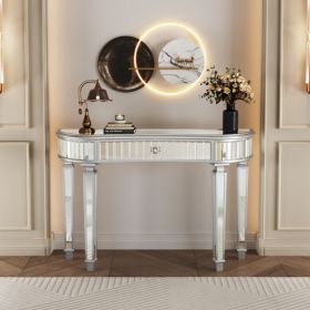47 Half  Moon Mirrored Console Table With Fluted Glass  Crystal Knob Drawer  Silver Entryway Vanity Desk For BedroomDressing RoomGold Sliver (Option: GreySilver)